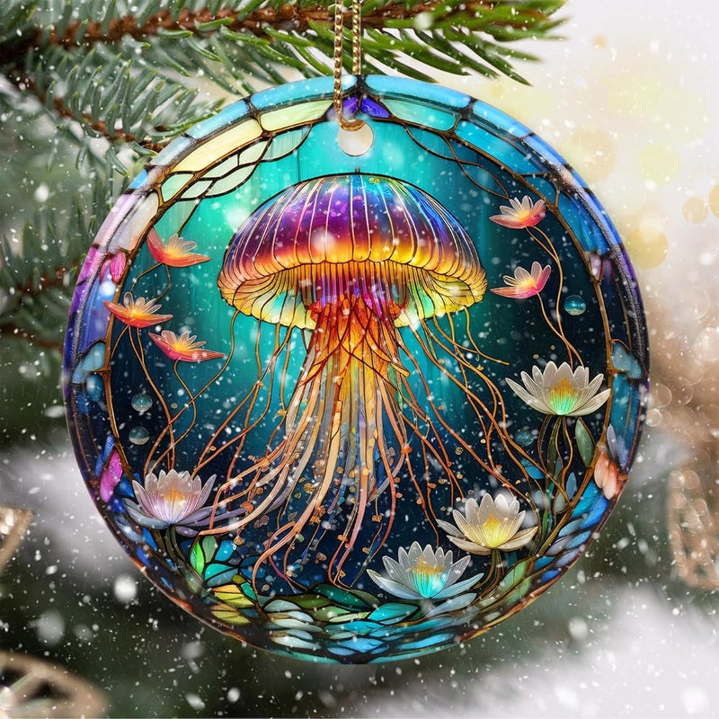 Touber Stained Ceramic Jellyfish Ornament - Jellyfish Christmas Ornaments - Christmas Tree Ornaments - Christmas Decorations - Jellyfish Decor for Office, Room, Home - Holiday Present Ideas - Image 1